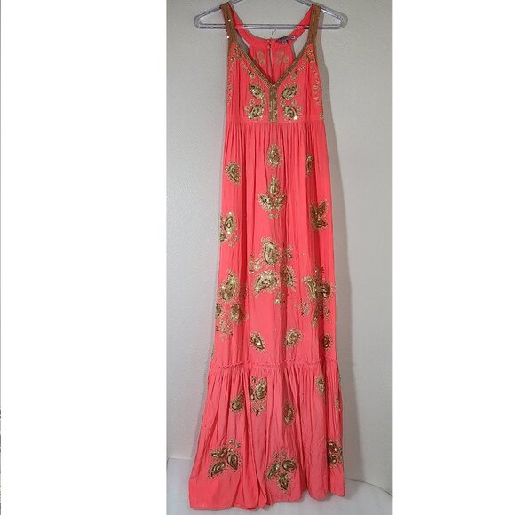 CALYPSO St. Barth Coral & Gold Maxi Dress Embroidered Sequin Sz XS DAMAGED - Picture 2 of 16
